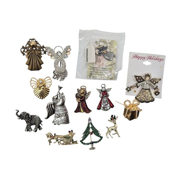 13 Decorative Brooch Pins Christmas Angels Elephant Enamel Rhinestones - Picture 2 of 5